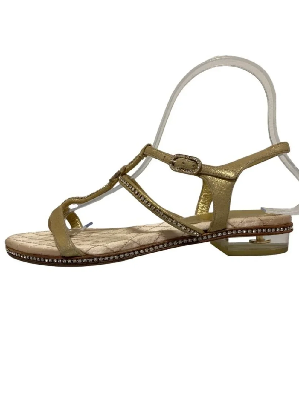 Chanel CC Logo Rhinestone Ankle Strap Flat Sandals 37C Gold
